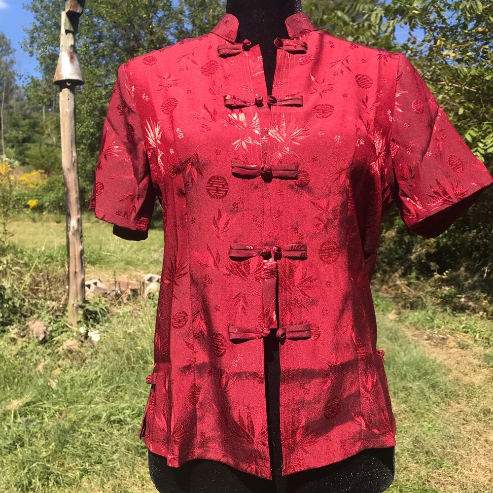 90s Silk Maroon Asian Style Top